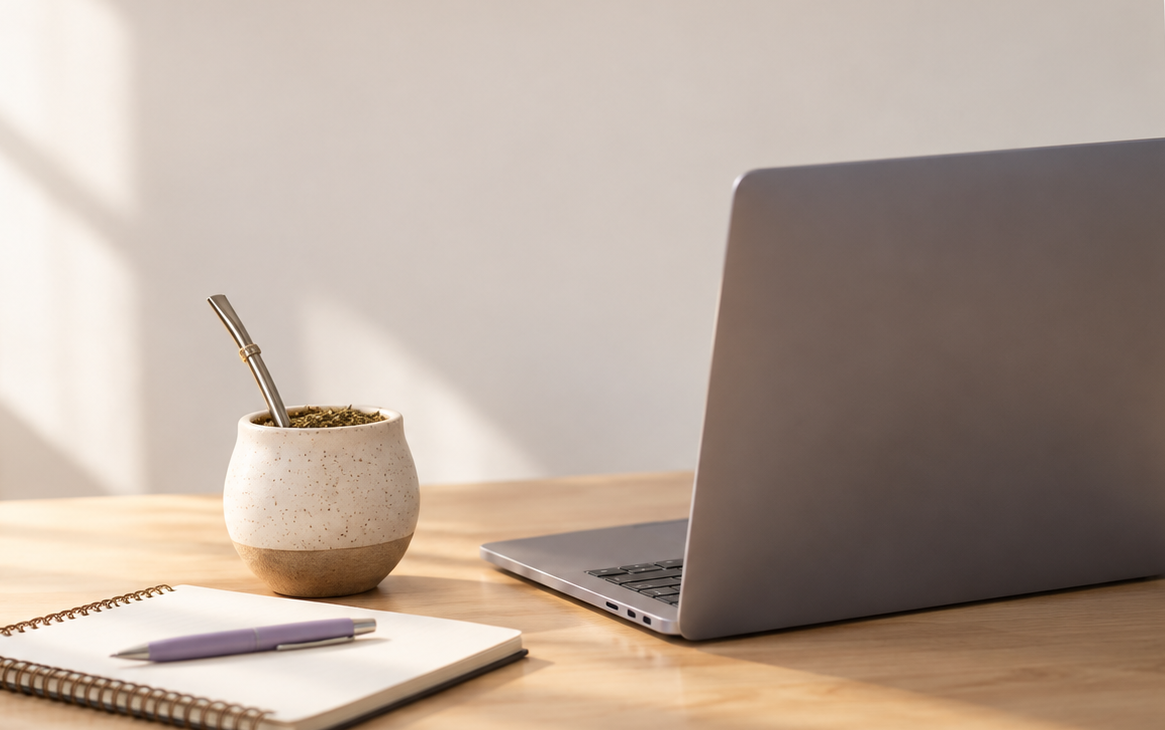 Computadora portátil, mate y cuaderno preparados para un espacio de acompañamiento online